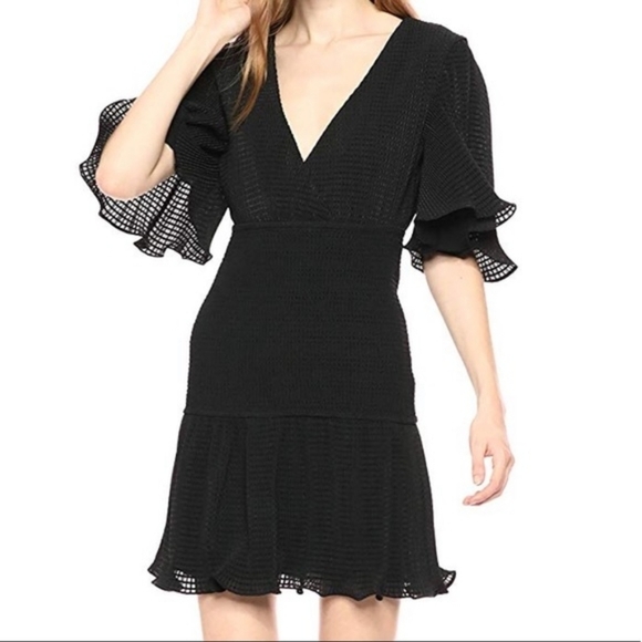 Keepsake The Label Clarity Black Textured V Neck Ruffle Mini Dress - Picture 1 of 10